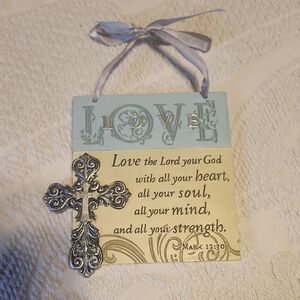Source Unknown Blue and Cream Wall Decor with Silver Cross
